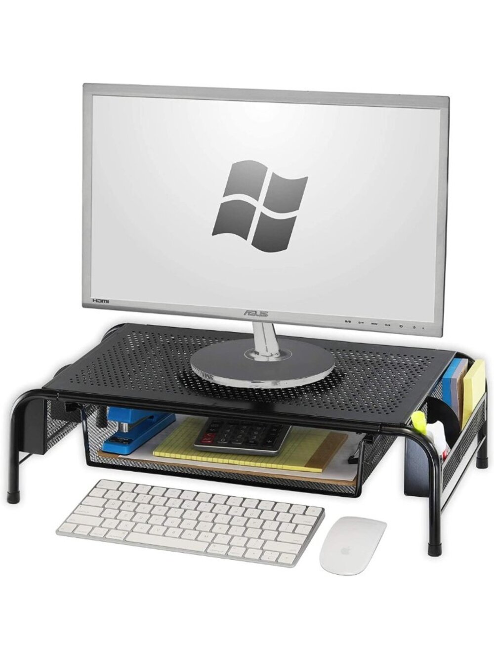 Metal Desk Monitor Stand Riser with Organizer Drawer - Black Home Office
